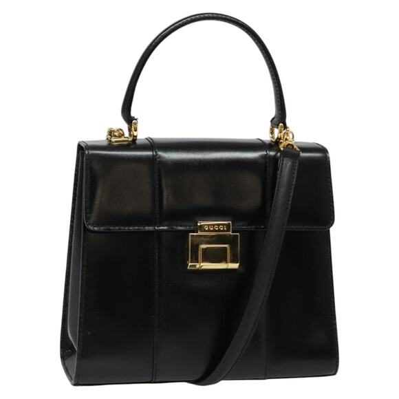 GUCCI Hand Bag Leather Black Gold - Picture 1 of 16